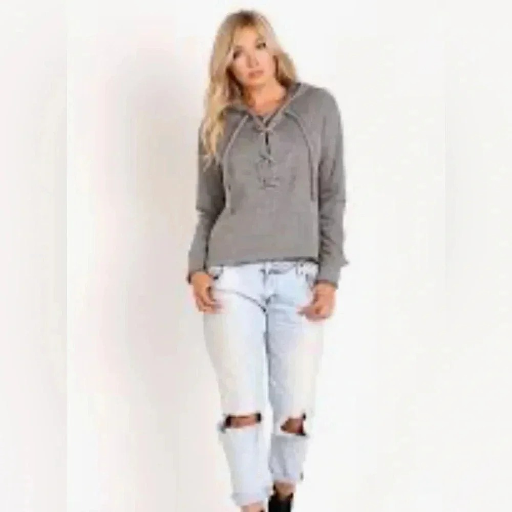 For The Republic Women's Cotton Long Sleeve Lace-up Gray Cropped Hoodie S EUC